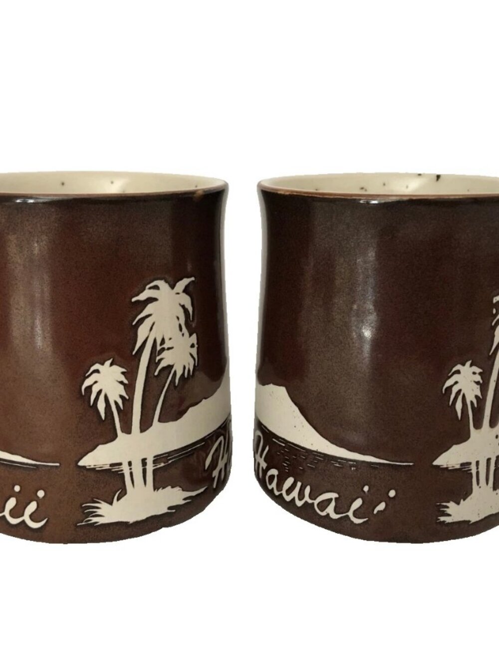 70's Stoneware Coffee Mugs VGC Hawaii Palm Trees Tiki Speckled
